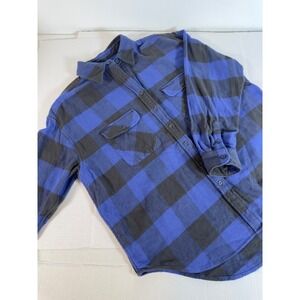 Aerie Womens Plaid Flannel Shirt Long Sleeve Button Up Blue Black Buffalo Check
